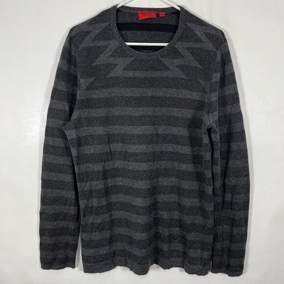 Hugo Boss Crew Neck Sweater Mens Large Gray Striped Viscose Silk Cashmere Blend - Picture 1 of 11